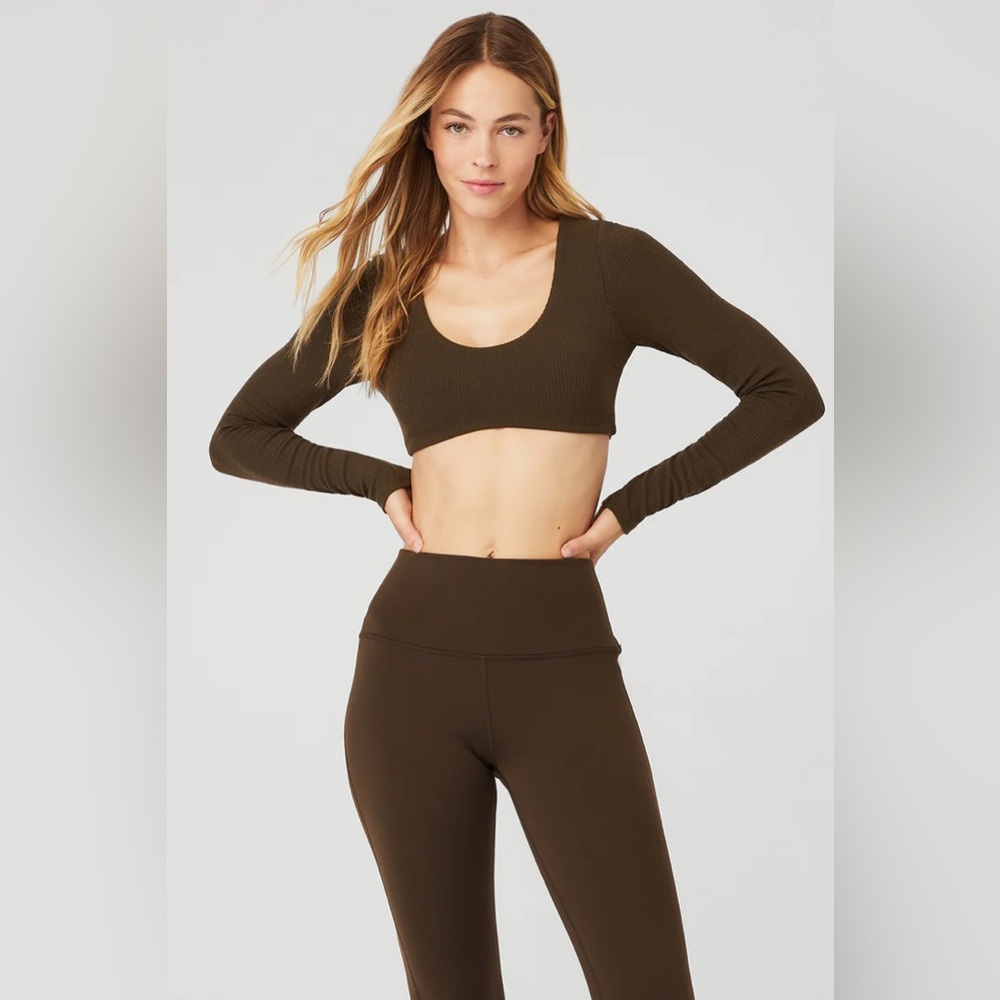 ALO Yoga Ribbed Defined Long Sleeve Bra Espresso - XS